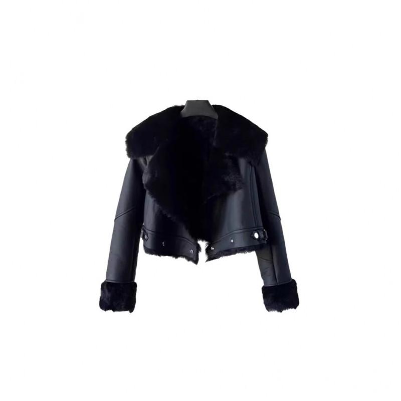 Womens Black Faux Leather Collarless Biker Jacket Thick Warm Short Winter Coat Loose Fit