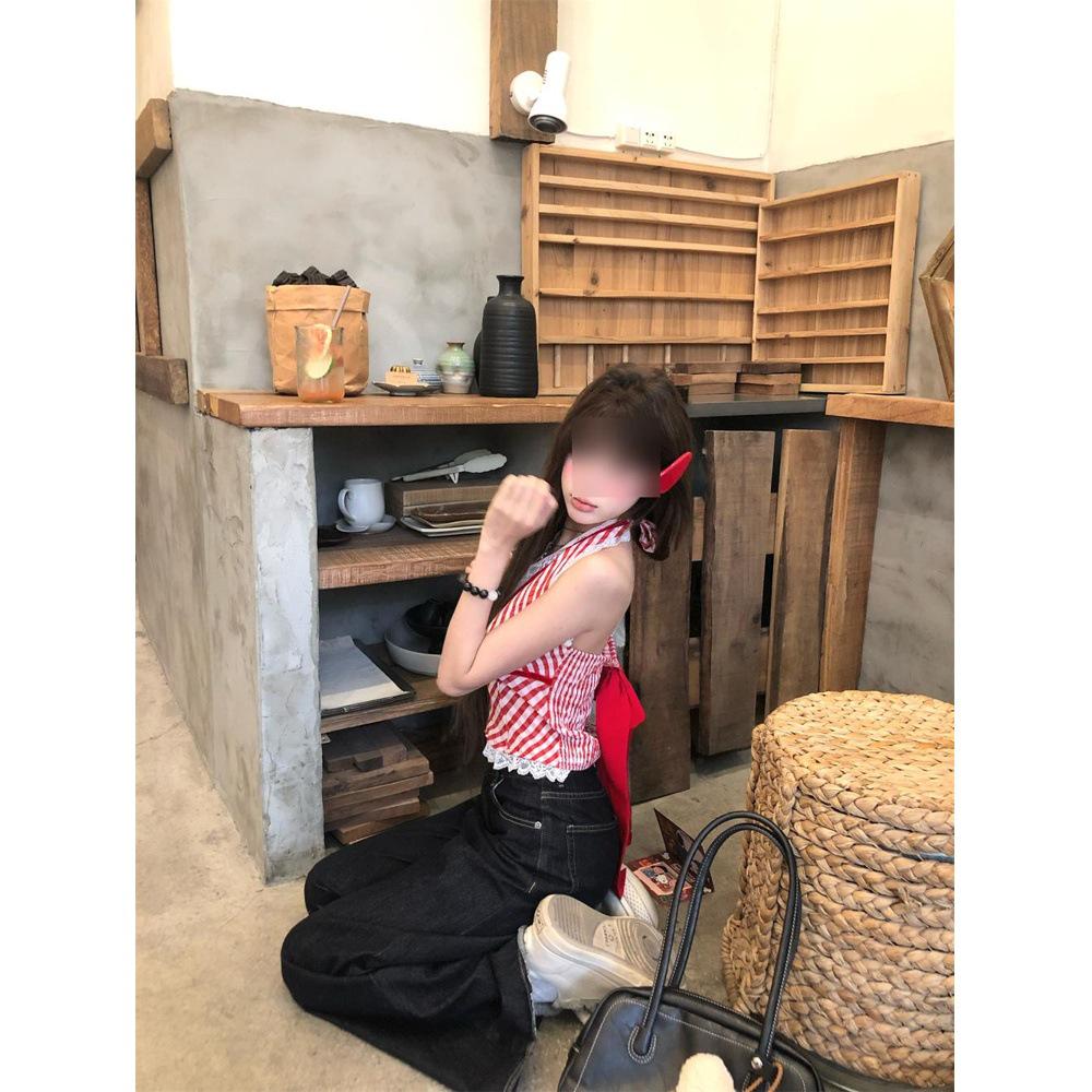 

Красный клетчатый милый и пикантный топ-халтер с кружевной отделкой - Облегающий летний топ без спины для женщин M (45-50kg)