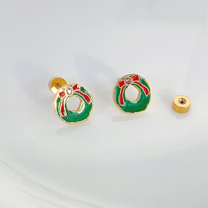Elegant Green Bow Wreath Spiral Stud Earrings - Compact and Unique Christmas Collection