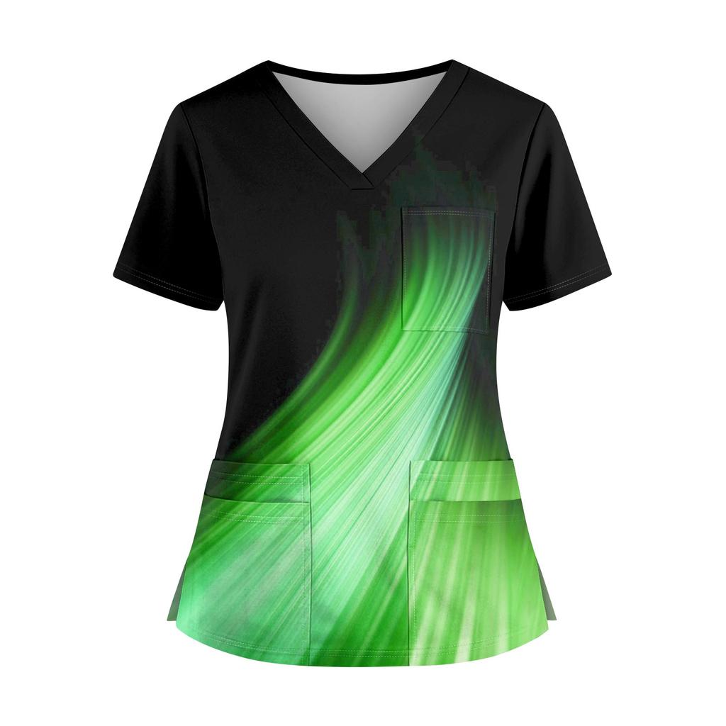 Plus SizePrinted Scrub Working Uniform Tops For Women's Cross V-Neck Halloween Print Short Sleeve Fun T-Shirts Workwear Tee With Pockets