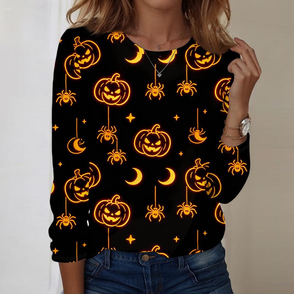 Women's Casual Long Sleeve Pullover Top Halloween Print Round Neck Sweatshirt Comfortable Fit Lightweight Fabric