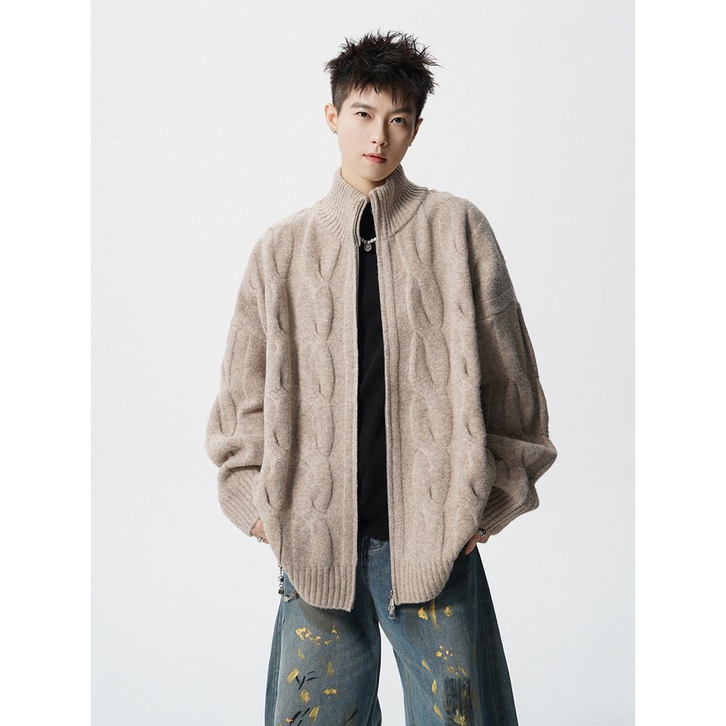 American solid color texture knitted cardigan jacket men's and women's autumn and winter new loose lazy style casual zipper sweater