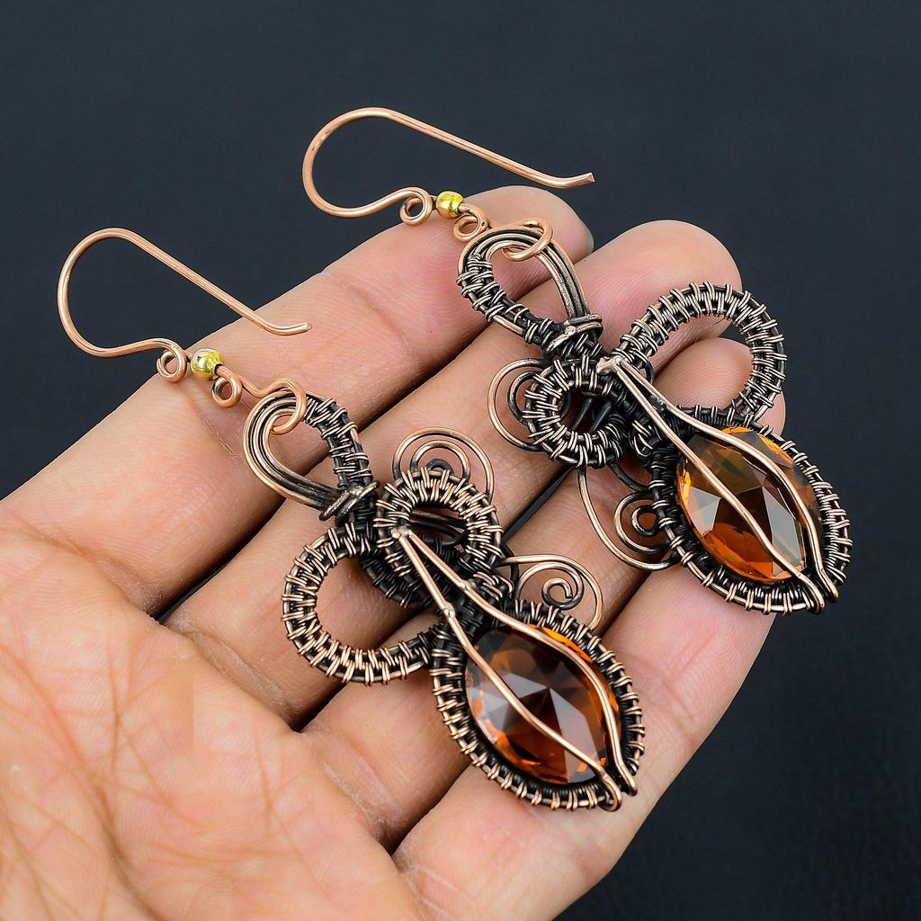 Citrine Earrings, 999 Copper Wire Wrapped Gemstone Jewelry, Handmade Earrings, For Thanksgiving