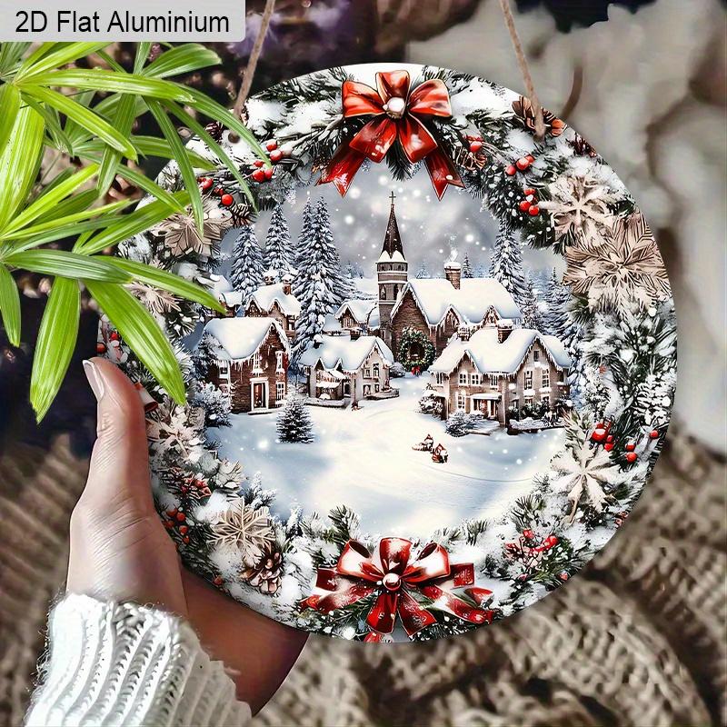 2D Flaches Aluminium-Weihnachtsschild mit Schneemannhaus-Muster - Weihnachtsfiguren-Anhänger - Ideal für Haustür, Wand, Veranda, Fensterdekoration - Ideal
