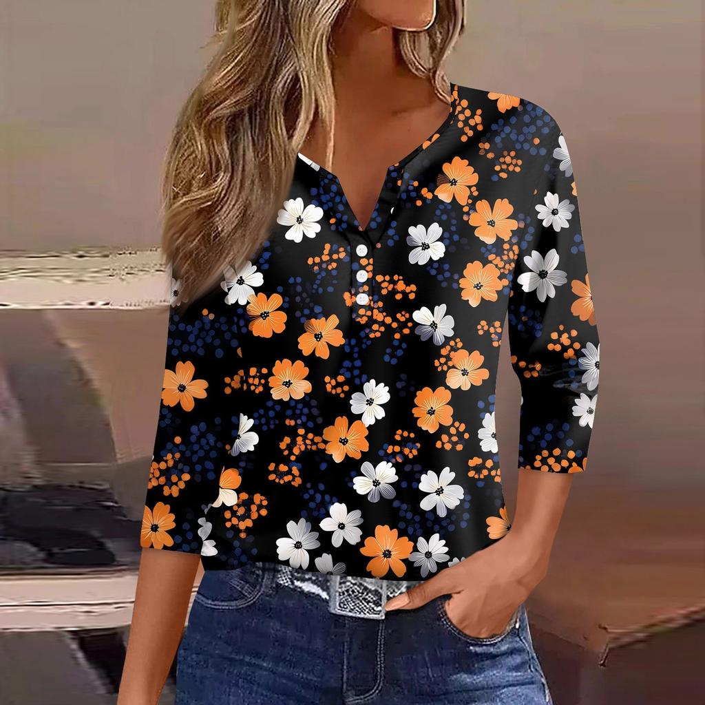 Dámské tričko s potiskem, knoflíky, 3/4 rukávy, pro každý den, na víkend, módní, základní, s výstřihem do V, běžný top