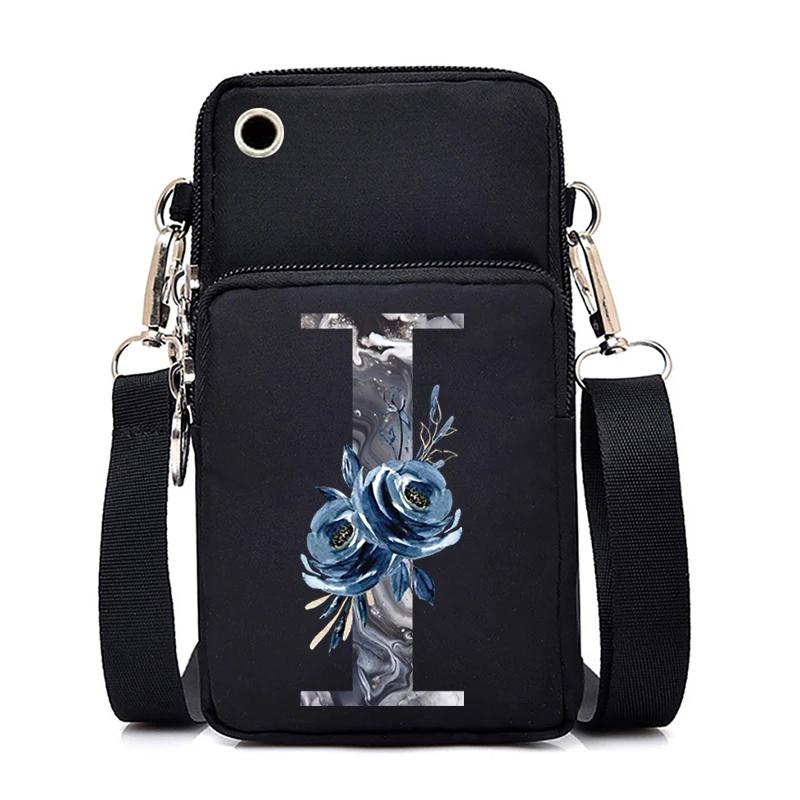 Blue Roses Alphabet Print Small Shoulder Bag 26 Letters Mini Crossbody Phone Bag for Women