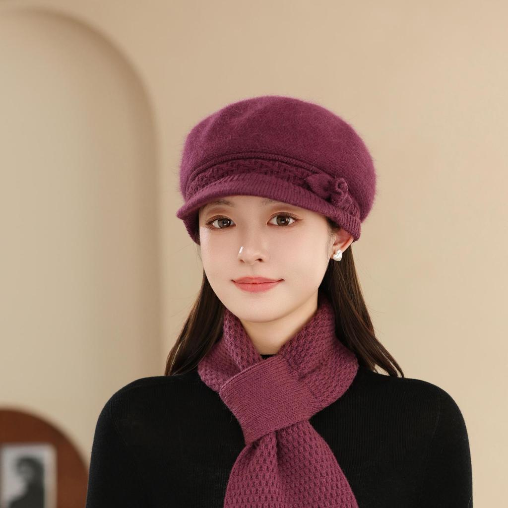 Rabbit Fur Peaked Hat Women's Winter Windproof New Thickened Ear Protection Mother's Hat Outdoor Warm Knitted Hat Scarf