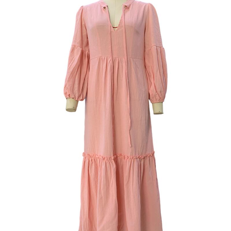 2025 Autumn New Style, Women's, Fashion V-neck, Bubble Sleeves, Bohemian, Cotton and Hemp, Dress