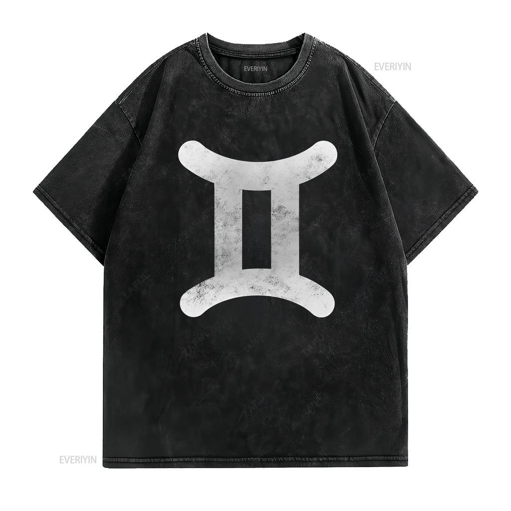 Vintage Distressed Gemini Zodiac Symbol Print Astrology Casual T Shirt vintage Washed Top For Everyday Wear Stretched Versatile