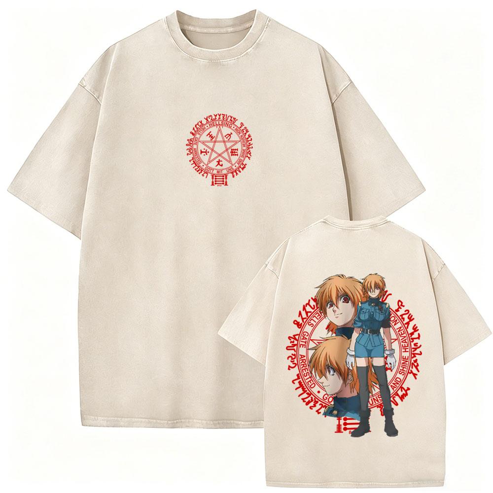 Washed Vintage Anime Hellsing Yumie Takagi Graphic Tshirt Vampire Alucard Merch Tshirts Mens Gothic Manga Oversized T Shirts