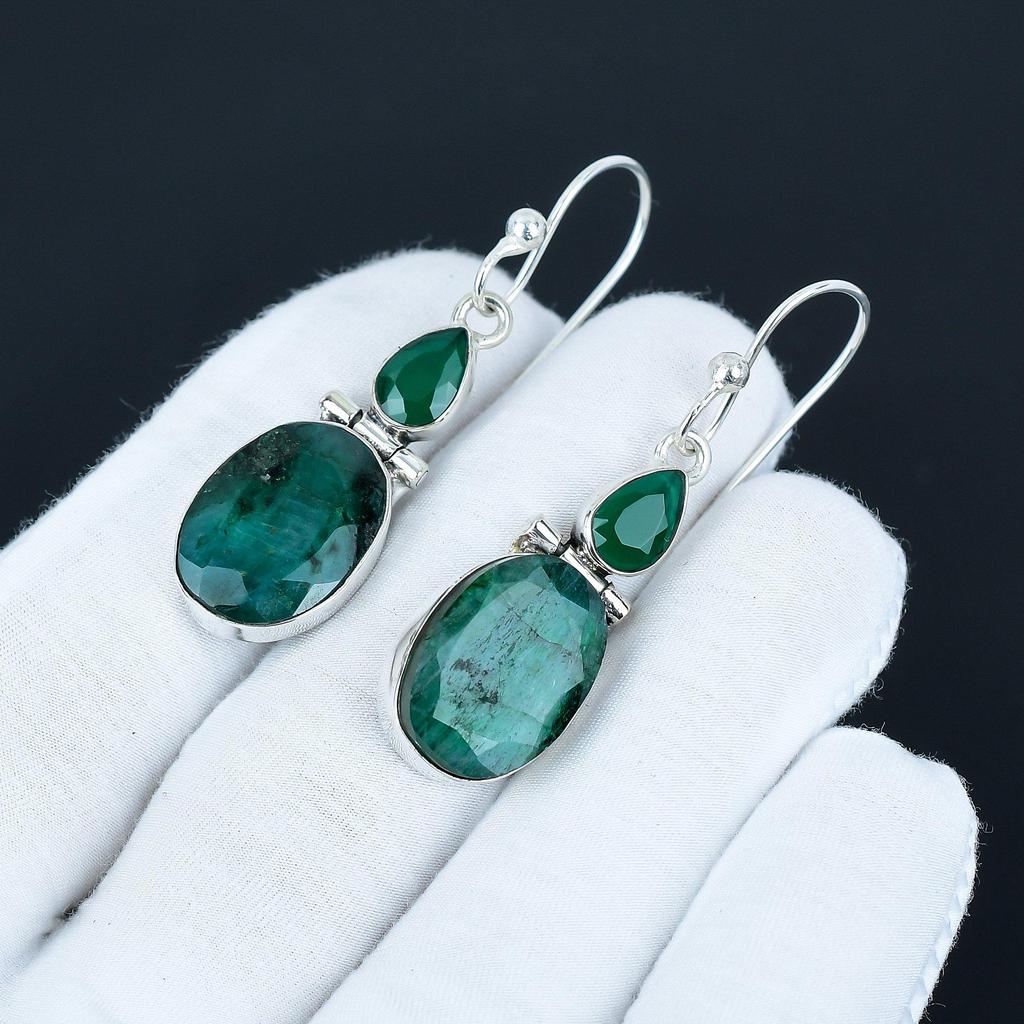 Elegant Emerald Gemstone Earrings, 925 Sterling Silver Earrings, Party Wear Jewelry, Dangle Drop Earrings For Anniversary Gifts