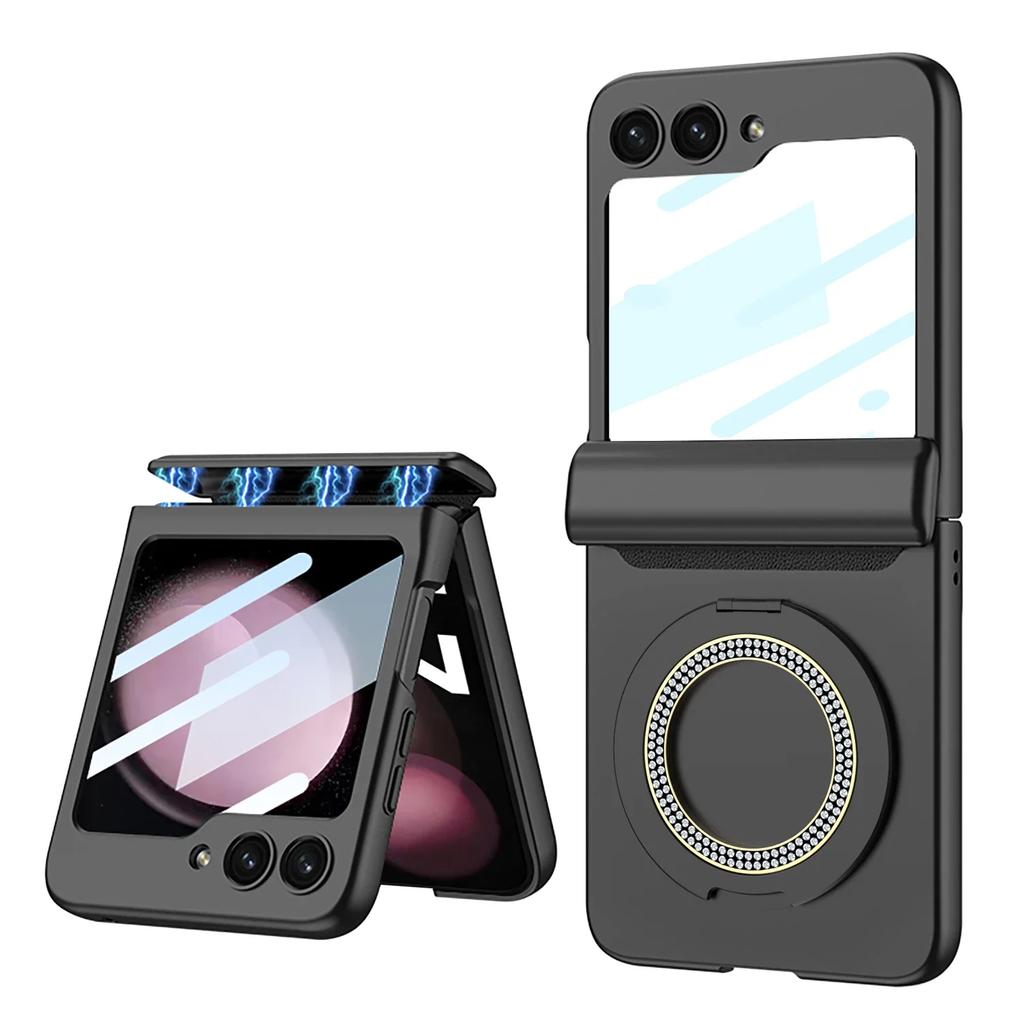 For Samsung Galaxy Z Flip 6 5 Case Magnetic Wireless Charging Matte Hinge Folding Ring Bracket Mirror Film Shockproof Hard Cover