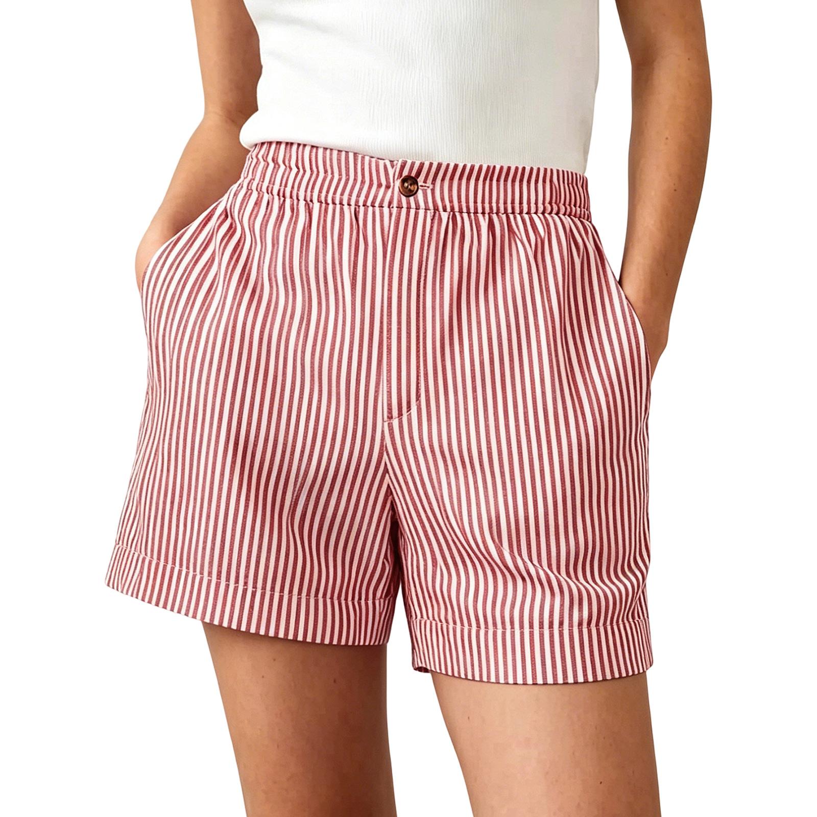 

Women s Casual Loose Fit Striped Shorts Elastic Waistband Lightweight Fabric Comfortable Summer Bottoms XL червоний