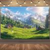 Banner Peisaj Alpin - Design cu Cabană din Tronchi și Pădure de Pini - Decorare de Fundal din Poliester cu Tematică Rurală