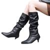 Low Heel High Leather Boots Foreign Trade European and American Folded Boots Women's Shoes Large Size Women's Boots Women's Knee Boots Solid Color