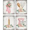 Dazzlewall 4Pcs Vintage Rustic Flower Kitchen Wall Art Posters, Pink Floral Prints with Spoon Mixer Gloves Artwork, Farmhouse Holiday Restaurant