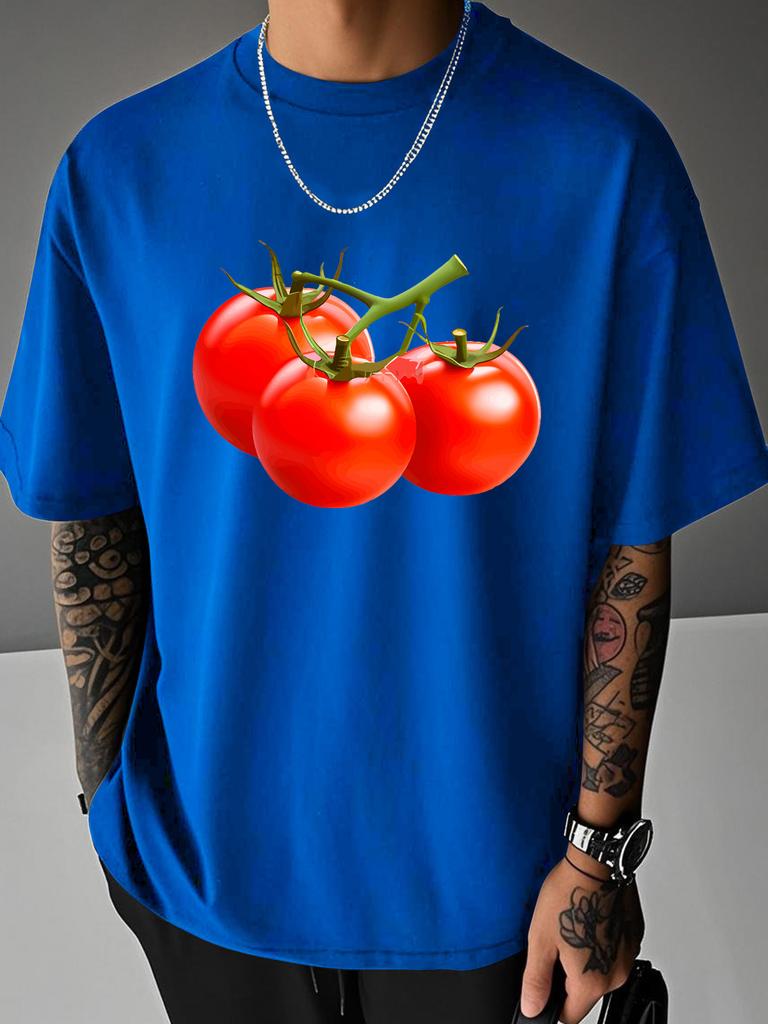 Unisex Summer White Short Sleeve Tee Realistic Three Red Tomatoes On Vine Graphic Crew Neck Loose Casual Male Daily Shirts