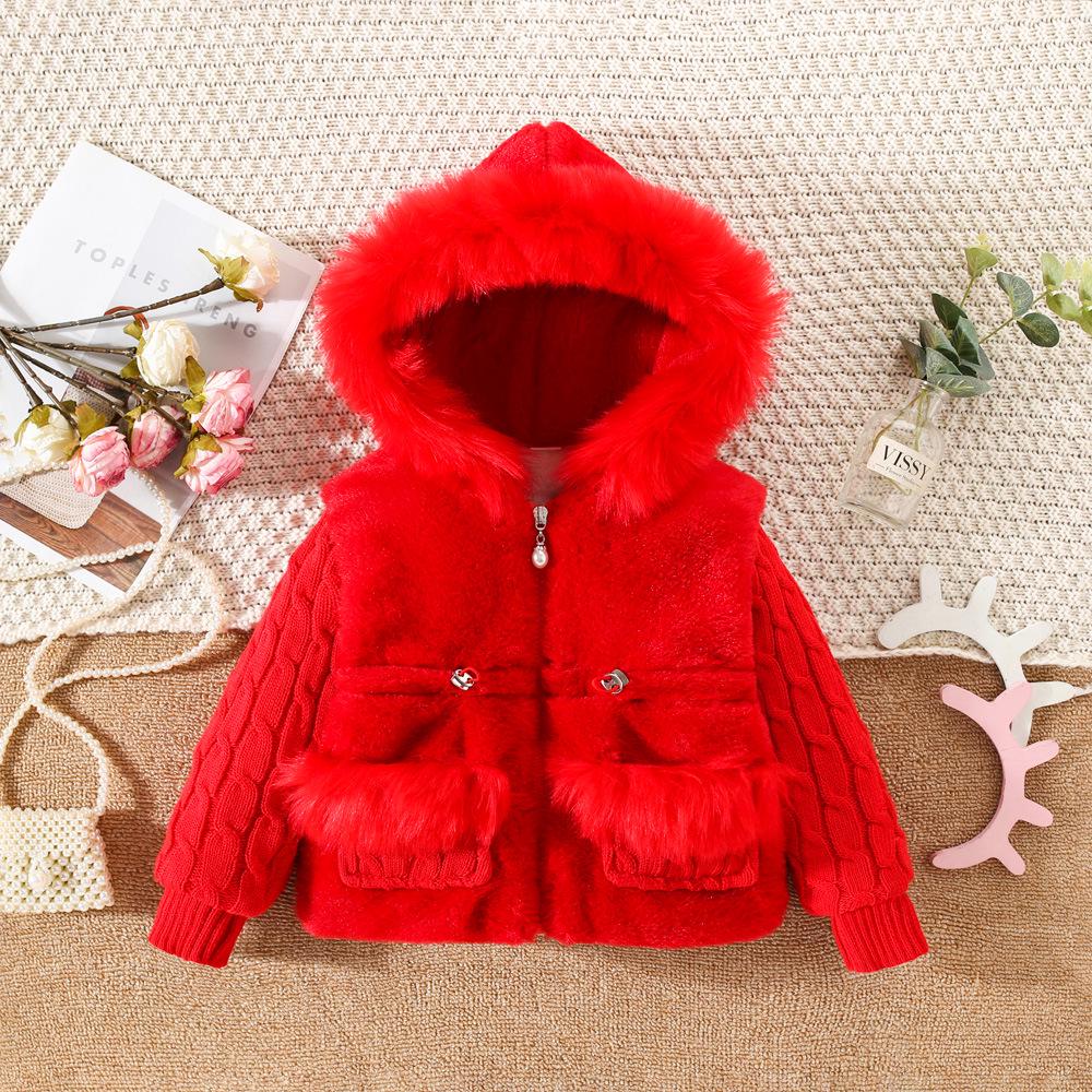 Girls' Winter Cotton-Padded Coat - Thickened Long Sleeve Fuzz Sweater