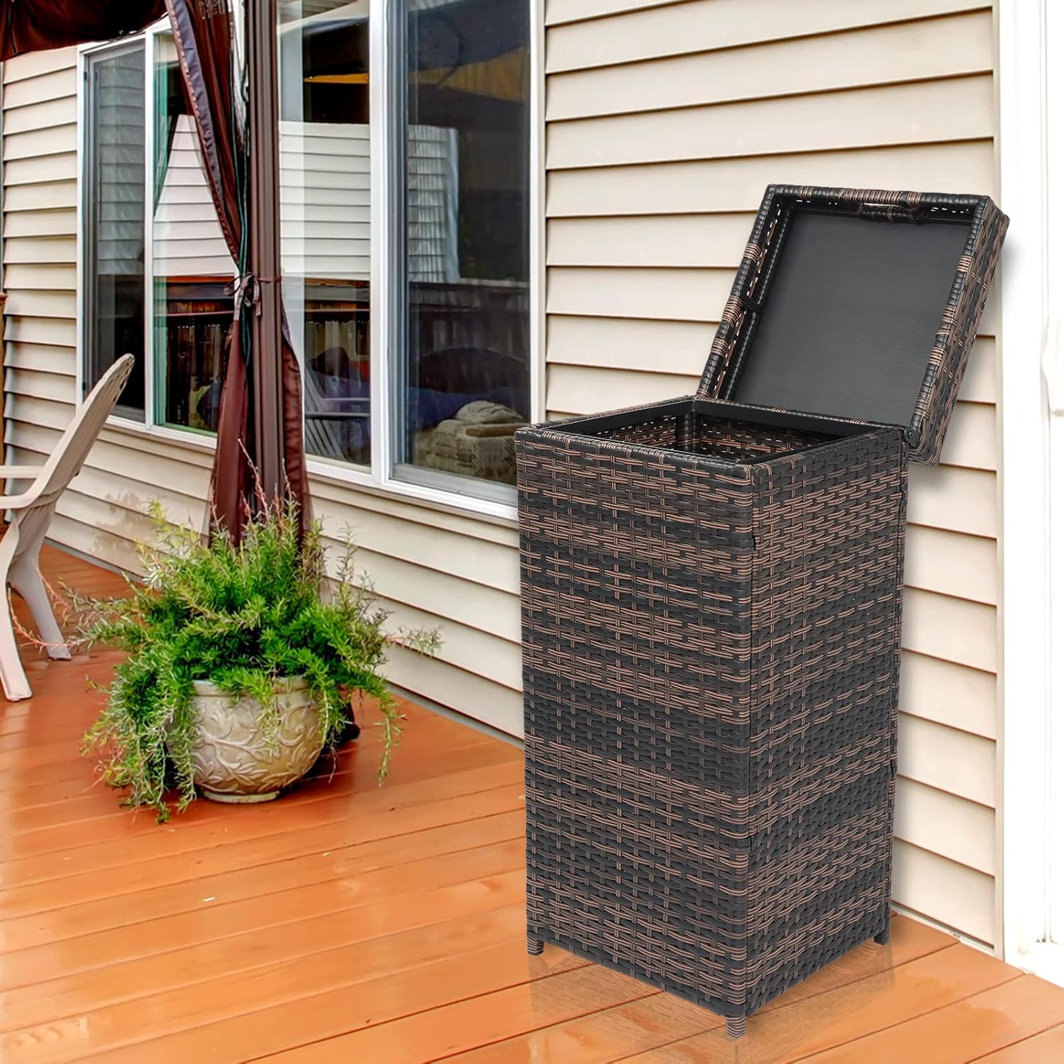 Henf 24-Gallon Outdoor Rattan Trash Can Wicker Waste Basket with Lid, Corner Wastebasket Trash Bin w/Sturdy Metal Frame for Poolside Backyard Patio co