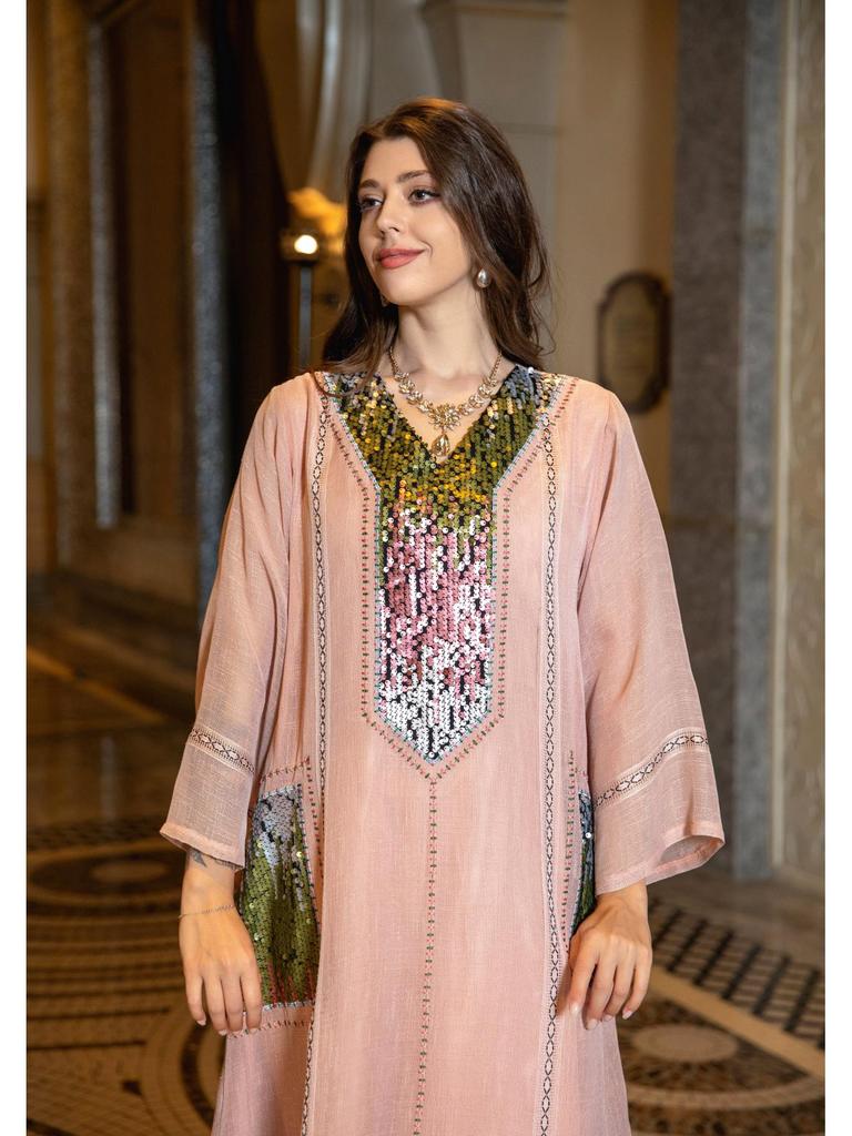 Dubai Sequin Embellished Jalabiya - Eid Muslim Women's Long Robe