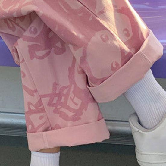 Men Casual Pants Elastic Waist Mid Rise Loose Straight Wide Leg Streetwear Pockets Cartoon Print Male Long Trousers Bottoms for Outdoor