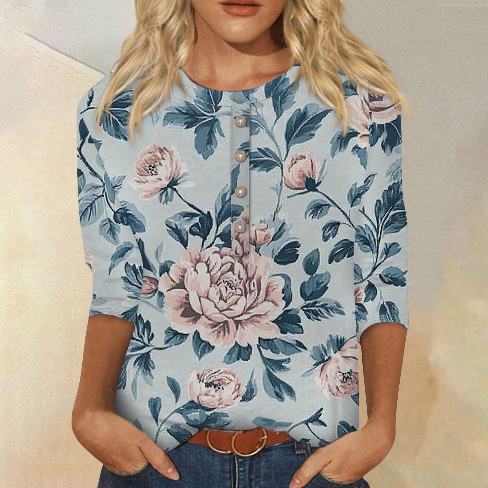 Women s Fashion Casual 3/4 Sleeve Floral Button Printed Round Neck Pullover Top Casual Clothing L