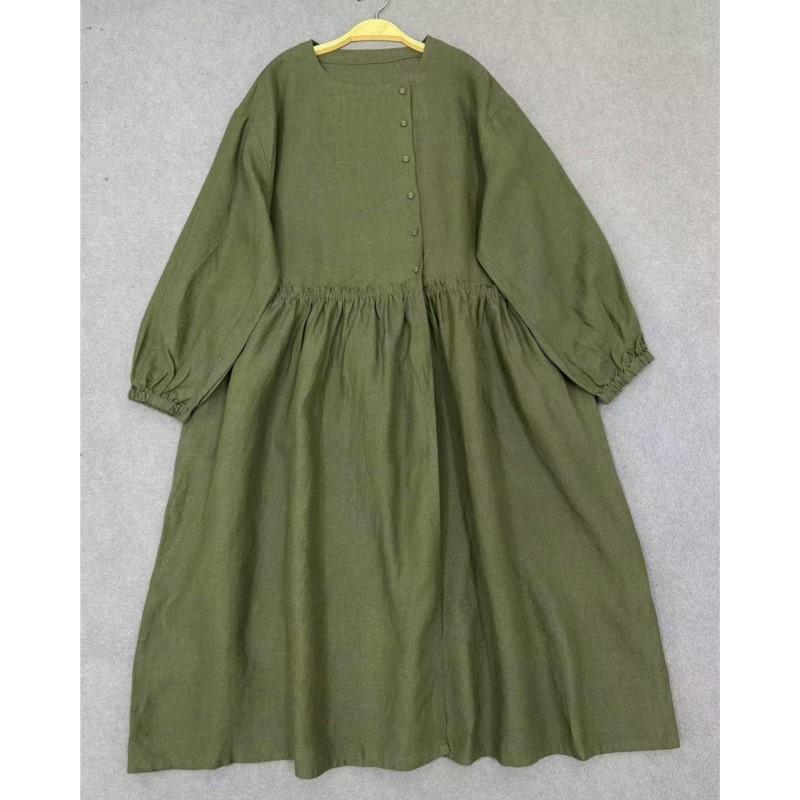 Johnature Spring Autumn Round Neck Ruffled Dress For Women Loose Casual Vintage Dress For Women