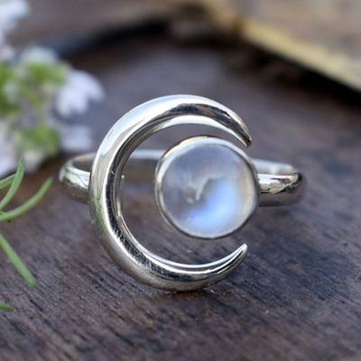 Otevírací prsteny Měsíc s kamenem imitujícím opál Barva proti stříbru Vintage Dámské prsteny na prsty Denní nošení Chic Dámské šperky