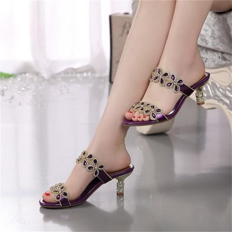 Rhinestone Blomst Stiletthæl Sko Dame Sommer Ny Tykk Hæl Skinnende Strandtøfler Diamant Motesandaler