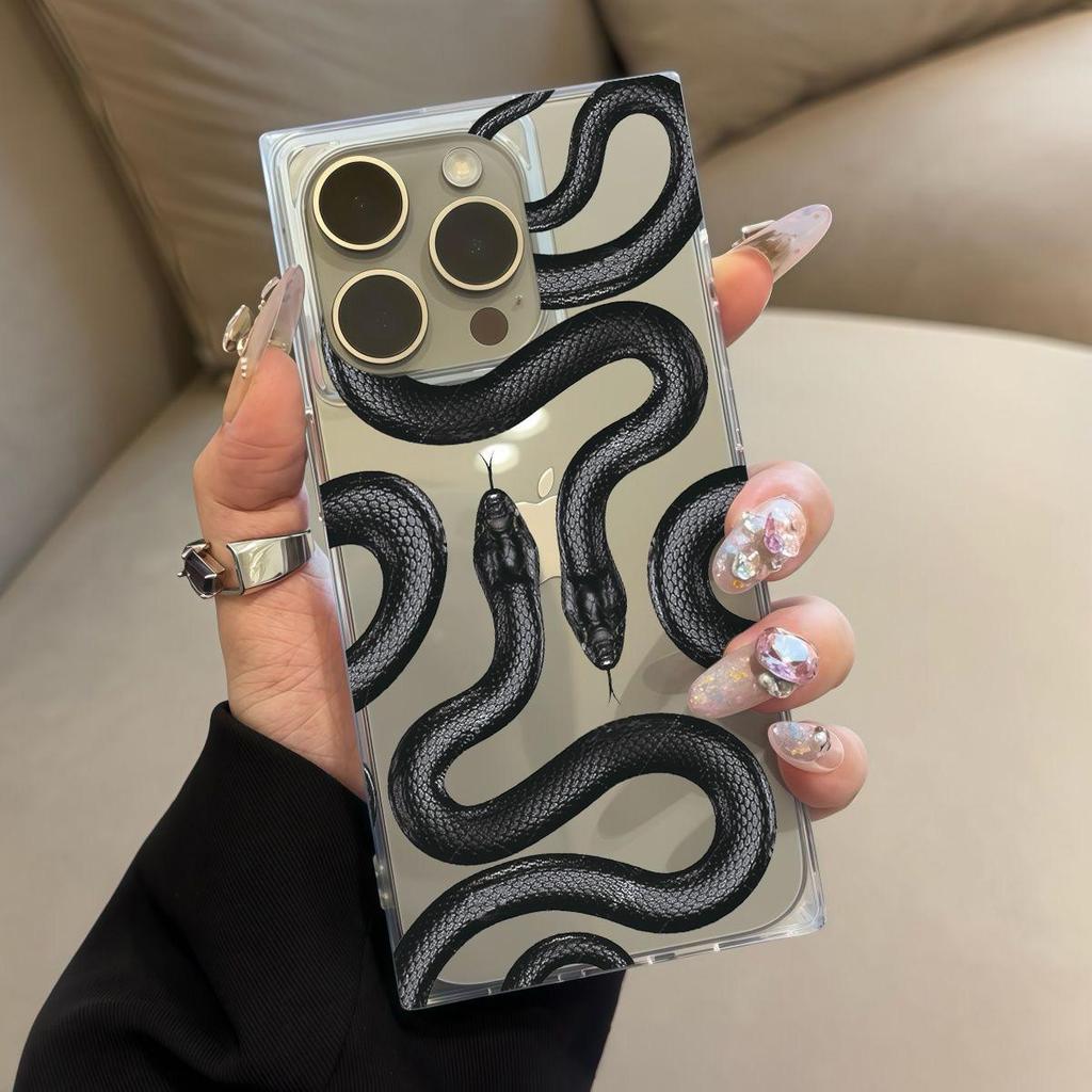 Transparent Square Back Tube Case Casing Protection For iPhone 16 ProMax 15 Plus 14 Pro Max 13 12 11 Anti-Oxygen,Black Mamba Python Pattern