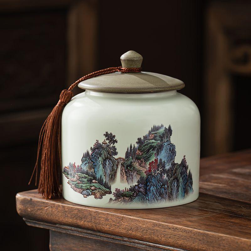 Vintage Mountain Scenery Pattern Ceramic Tea Caddy Moisture Seal Nut Candy Storage Jar Ink Ceramic Storage Bottle Art Decoration