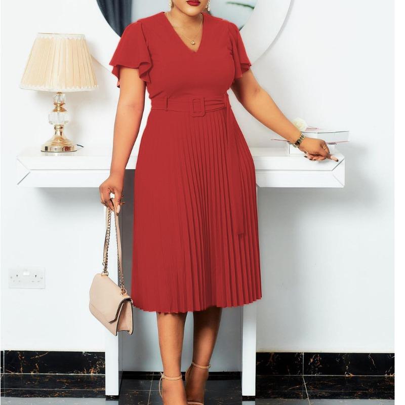 -Neck Lotus Leaf Sleeve Large Size Pleated African Mom Dress