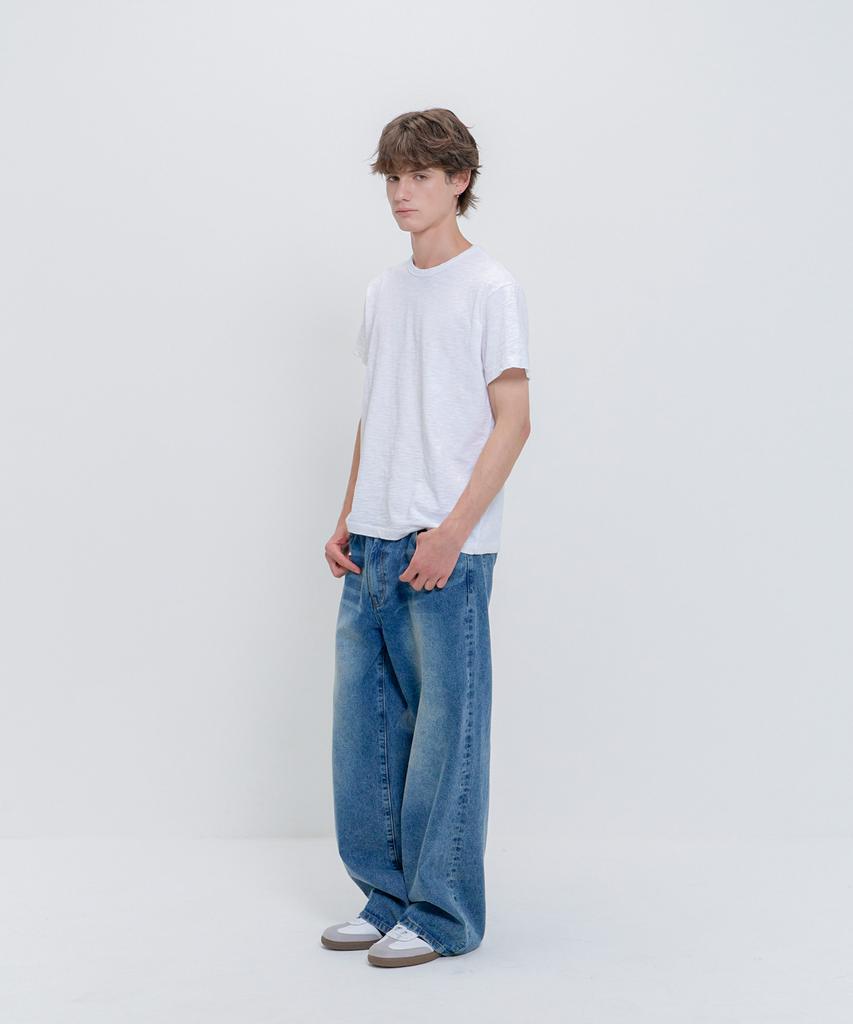 PSSHOPPER Semi-Crop Slub Vintage Short Sleeve T-Shirt [White]