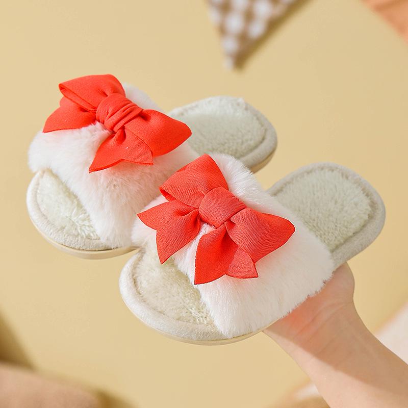 Girls' Winter Warm Plush Swallowtail Bow Cotton Slippers - Soft Sole, Non-slip, Plus Velvet, 2025 Edition