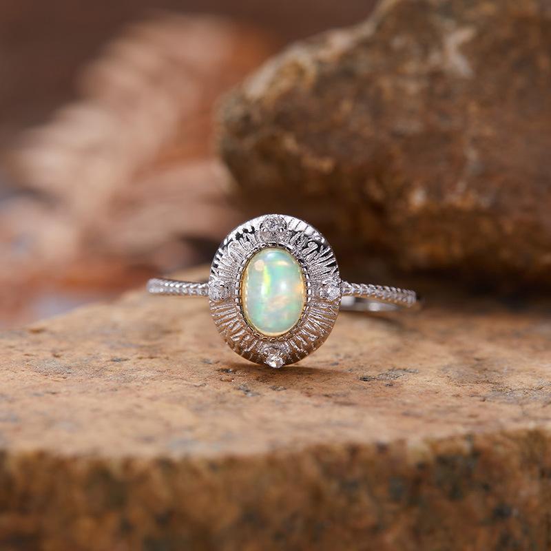 Xiaohongshu Earrings Color Treasure Ring Jewelry S925 Silver Inlaid Natural Opal Egg Surface Ring Women
