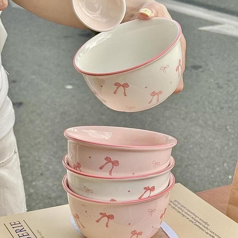 ZISIZ Pink Bow Ceramic Rice Bowl and Spoon Set