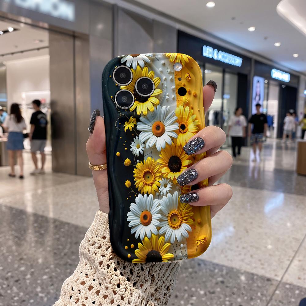 Oil Painting Daisy Sunflower Gradient Wavy Edge Phone Case For iPhone 17 16 15 14 13 12 11 8 7 Plus Pro Max Floral Cover