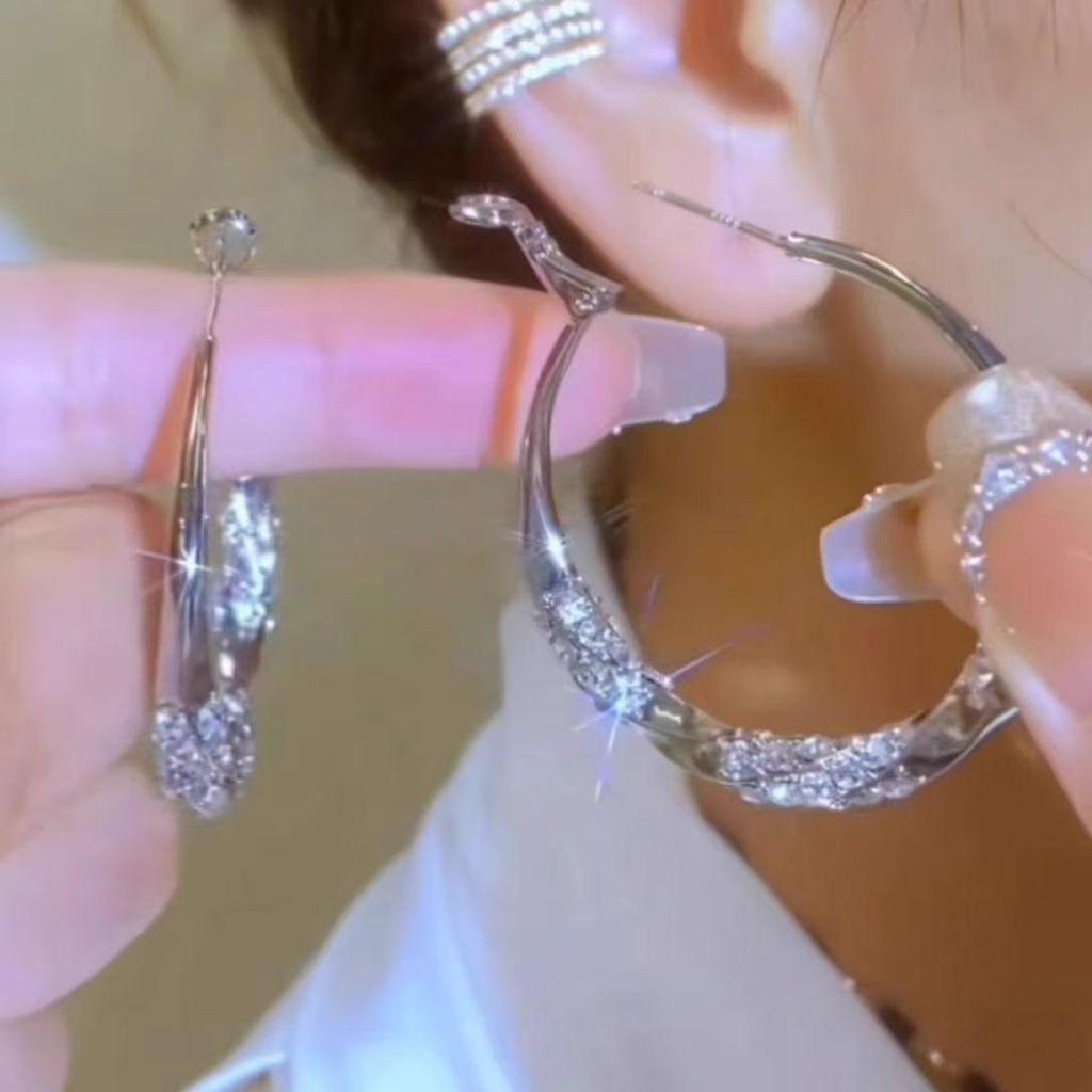Luxury 2026 Rhinestone & Cubic Zirconia Silver Hoop Earrings - Modern Style