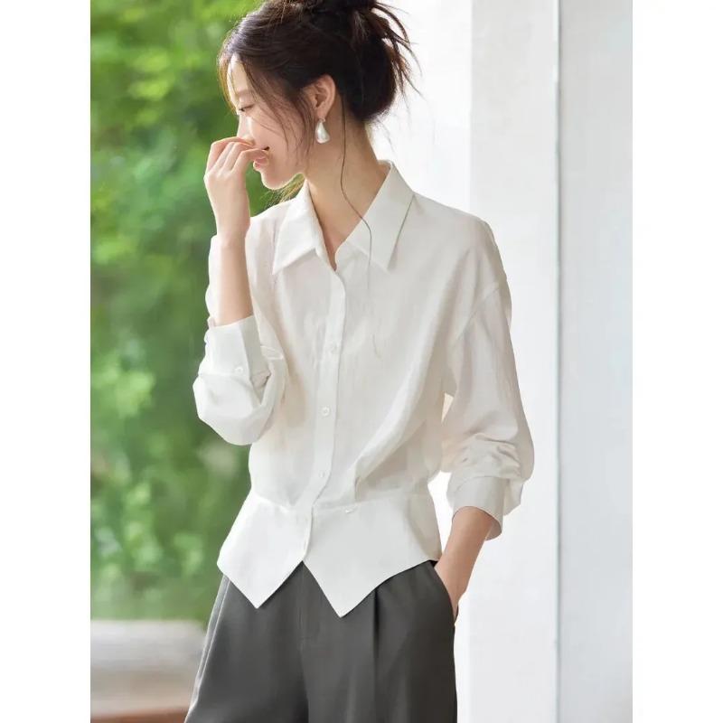 Womens White Lapel Waist Cinched Irregular Hem Long Sleeve Shirt S белый