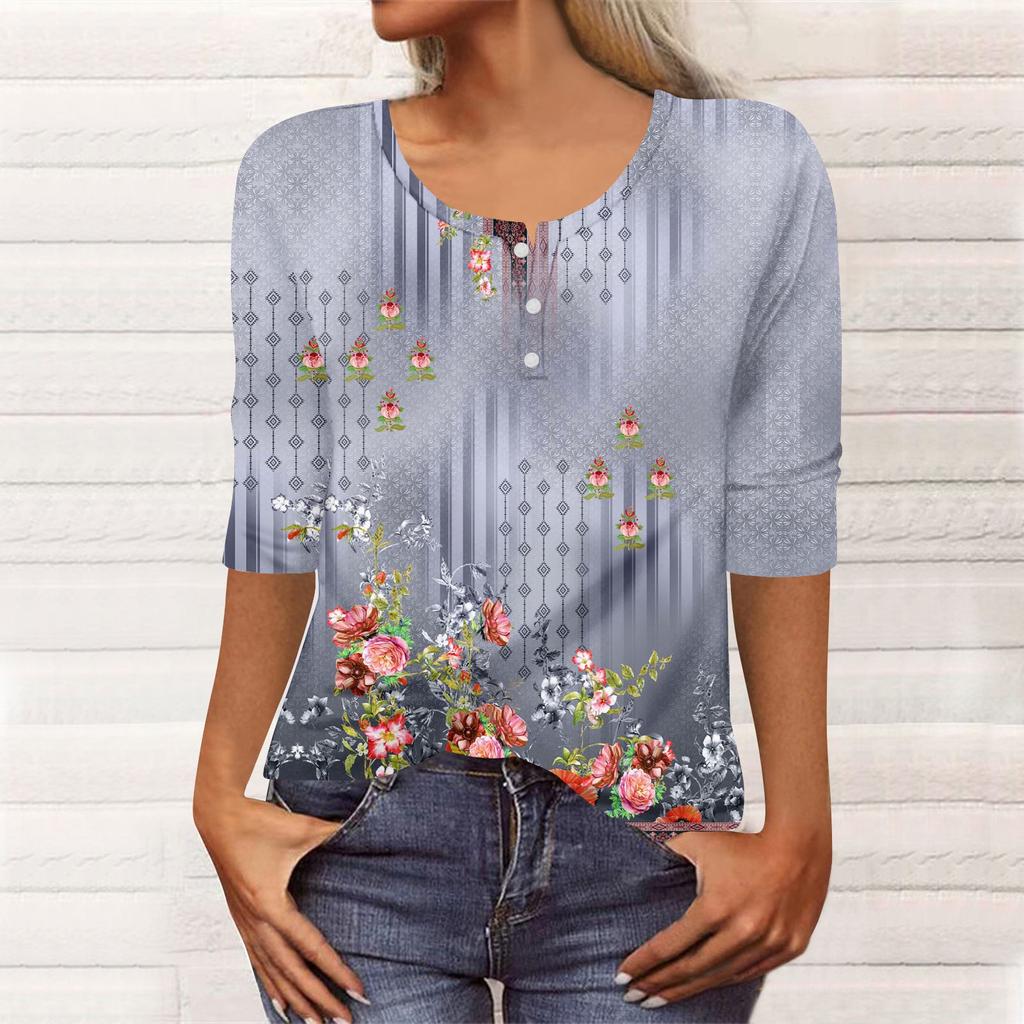Women's Fashion Casual Long 3/4 Sleeve Flower Buttons Print U-Neck Pullover Top Blouse