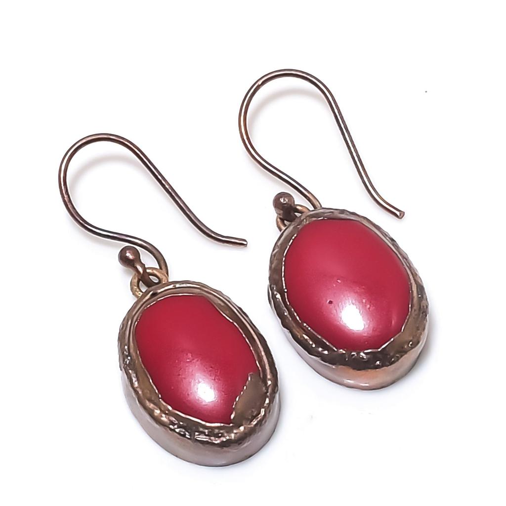 Red Coral Handmade Gemstone Earrings, Copper Electroformed Earrings Antique Jewelry, For Engagement Gift