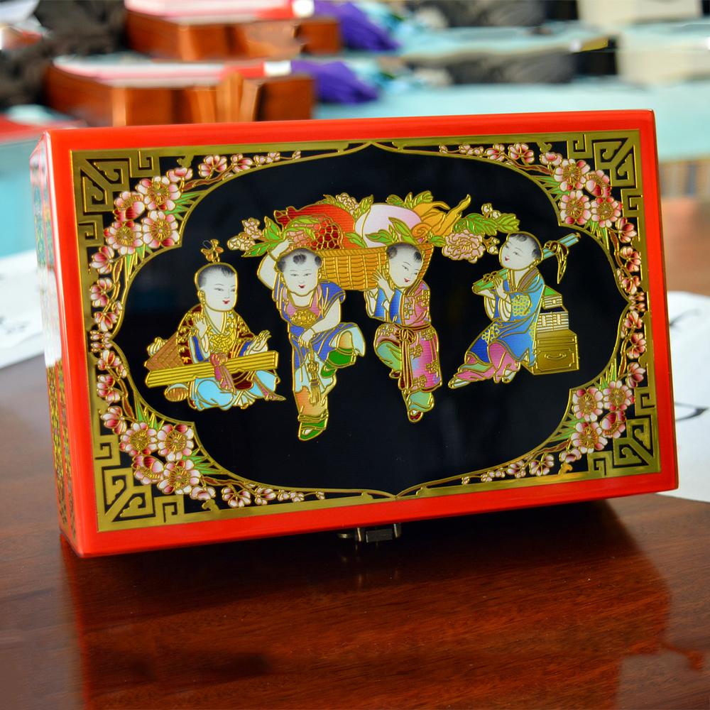 Vintage Filigree Jewelry Box with Copper Wire Inlaid Shells High Gloss Piano Lacquer Pingyao Polished Lacquerware