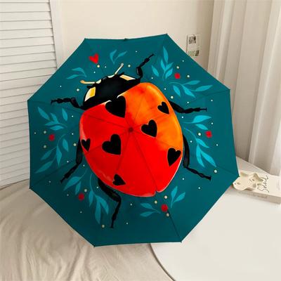 1pc Ladybug Heart Automatic Folding Umbrella 8 Rib Iron Frame, Compact Portable Umbrella Suitable for Travel, Daily Use, Birthday, Women & Men Gift