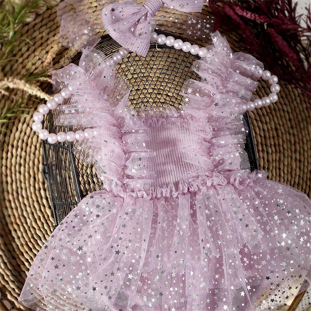 Infant Photography Outfit Dress Hairband with Delicate Bowknot and Sparkling Star Detailing for 0-3 Month Olds