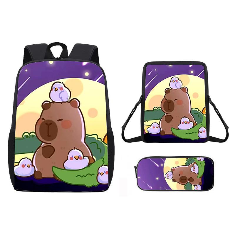 Ice Doughnut Cubes Capybara Cute Cartoon Pattern Backpack Three Piece Set