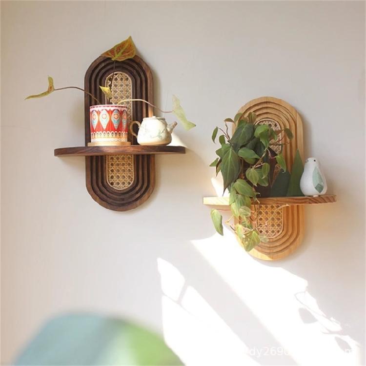 Stylish Rattan Wall Shelf With Wooden Arched Floating Display Stand For Home Decors Plant Decorative Items Hanging Shelf