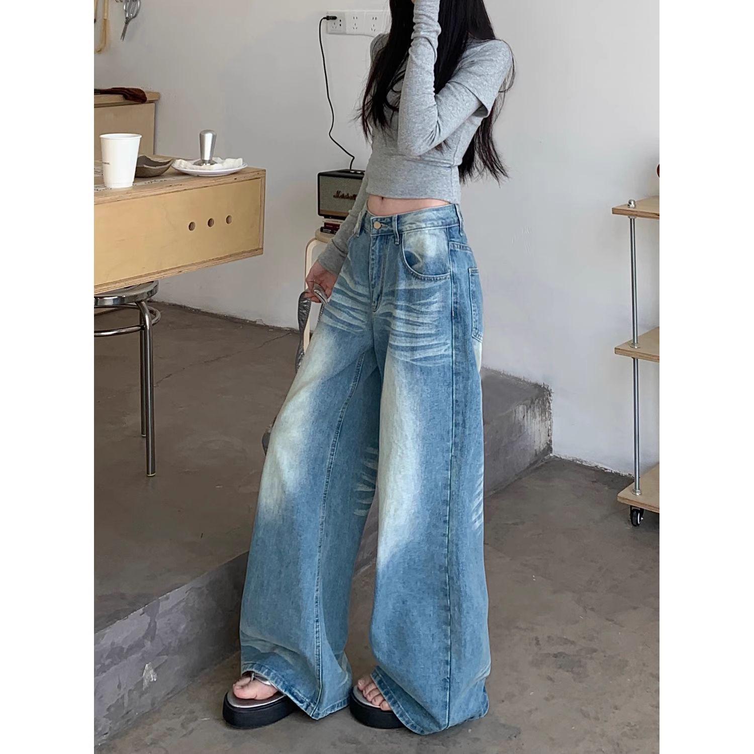 Women s Summer 2025 High-Waisted Blue Drapey Denim Wide-Leg Pants XL