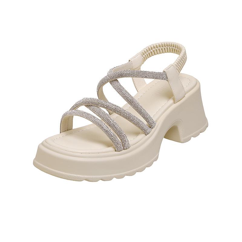 

босоножки на толстой подошве, с перекрестными эластичными ремешками, украшенные стразами, летняя обувь, универсальные женские туфли на высоком каблуке 39 бежевый