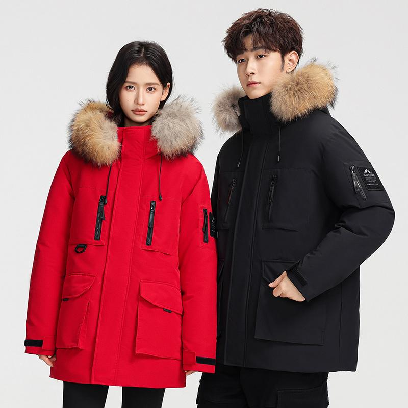 Winter Down Jacket for Couples, Outdoor Mountain Sports, Fur Collar Hooded Jacket