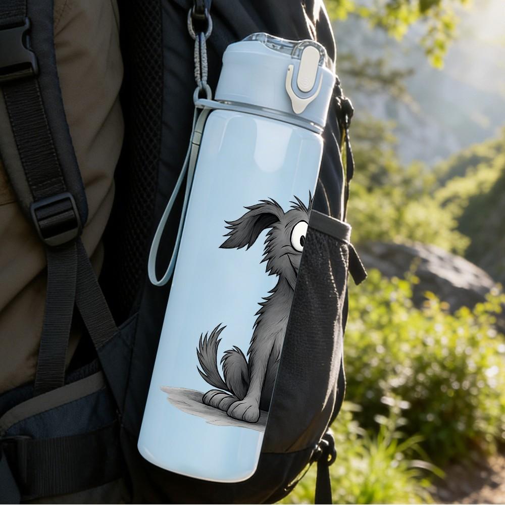 1PC Cute Grey Dog Cartoon 750ml Color Plastic Sports Water Bottle Leakproof Flip Straw Lid Suitable for Sports Office Home Use